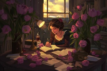 Young woman writing romance novel in a journal surrounded by books and vibrant flowers, illuminated by a warm desk lamp