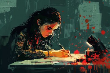 Young woman immersed in writing horror story at her desk amidst a clutter of creative inspiration