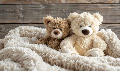  teddy bears sitting on a fluffy blanket,  Generative AI
