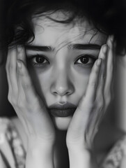 手で顔を覆うアジア人女性のモノクロームポートレート