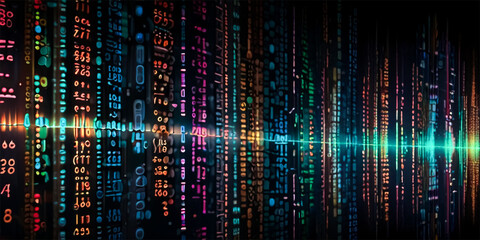 A stream of binary code scrolls down a dark screen