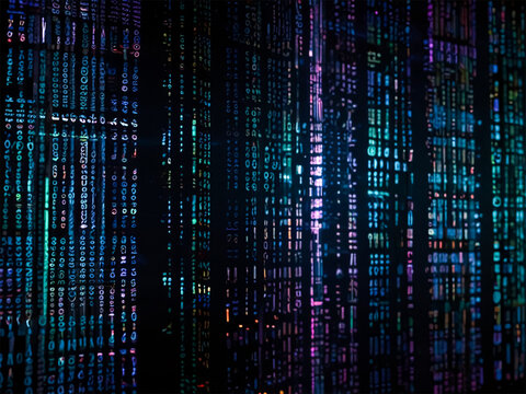A stream of binary code scrolls down a dark screen