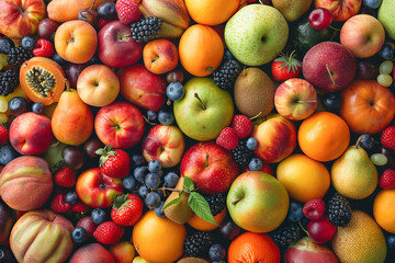 Overhead shot showcasing an array of colorful fruits, with a clear central area for adding text