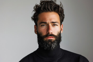 Fototapeta premium Portrait of a man with a stylish beard wearing a black turtleneck posing confidently against a grey studio backdrop