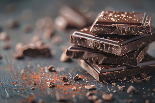 Dark chocolate pieces with space for text on a blurred background
