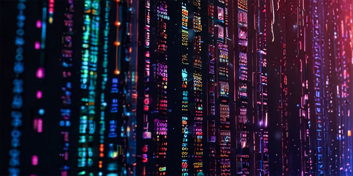 A stream of binary code scrolls down a dark screen