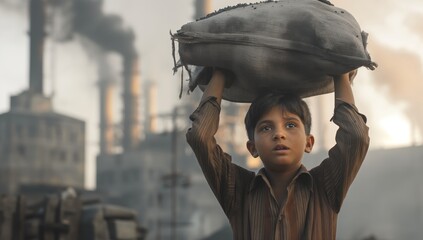 Child labor concept, a child carrying a heavy coal bag, in front of a factory with smoke coming out of it