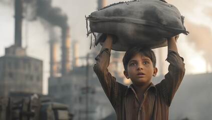 Child labor concept, a child carrying a heavy coal bag, in front of a factory with smoke coming out of it - Powered by Adobe