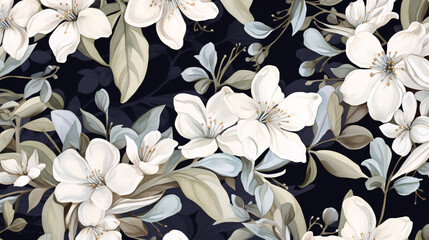 Sophisticated seamless watercolor pattern showcasing white flowers and foliage in a vintage luxury style