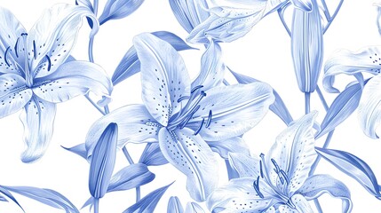 A blue and white floral pattern with a lot of flowers. The flowers are in various sizes and are scattered throughout the image. Scene is calm and serene, with the blue