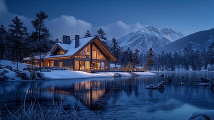Obraz premium A modern triangular house by a misty forest lake on a winter night