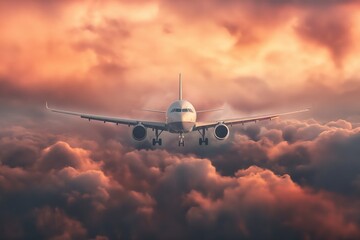 Commercial airplane flying in clouds at sunset