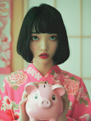豚の貯金箱を持つアジア人女性のファッションポートレート
