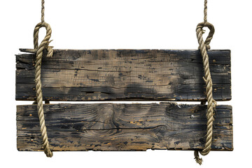 Old wooden board with a rope attached as a blackboard and space for text. Isolated on transparent background