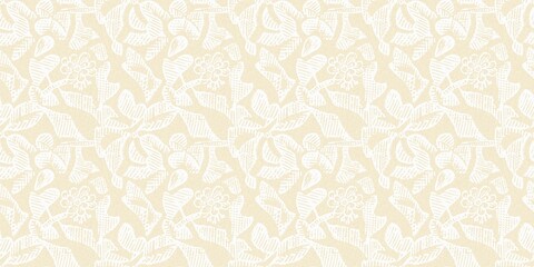 Modern white on cream lace effect wedding border texture. Soft tonal linen openwork block print with subtle hand drawn lattice damask printed fabric banner edge trim. 