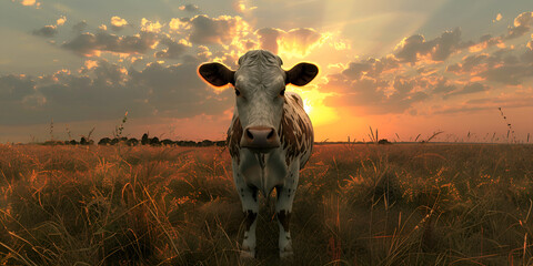 A white cow is standing in a field.