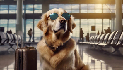 Dog Travel, a dog at the airport wearing sunglasses with a suitcase, the concept of animal travel and leisure