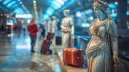 Old statues from ancient Greece and Rome are depicted as if they are travelers at the airport, carrying suitcases.