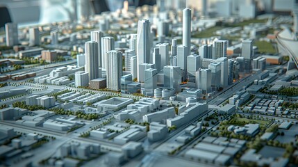 Team of professionals collaborating on scale model for new business buildings project in office