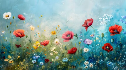 A painting of a field of flowers with a blue sky in the background. The flowers are of various colors, including red, blue, and yellow. The painting conveys a sense of peace and tranquility