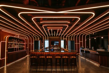 Stylish and contemporary bar ambiance with dynamic red and orange neon lights in a dark setting