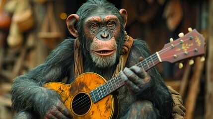A monkey playing a banjo