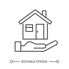 Home rent linear icon. Homeowner. Property purchase. Real estate agency service. House insurance. Property safety. Thin line illustration. Contour symbol. Vector outline drawing. Editable stroke