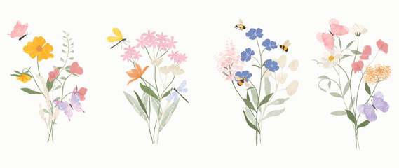 Set of botanical bouquet vector element. Collection of dragonfly, bee, butterfly, flowers, wildflowers, wild grass. Watercolor floral illustration design for logo, wedding, invitation, decor, print.
