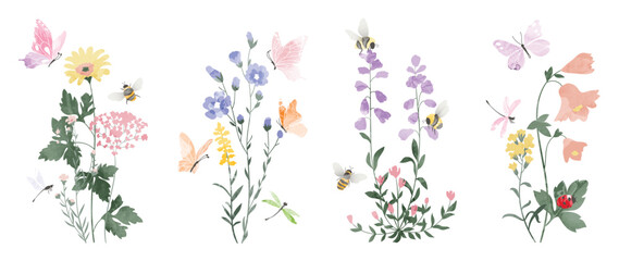 Set of botanical bouquet vector element. Collection of ladybug, bee, butterfly, dragonfly, flower, wildflower, wild grass. Watercolor floral illustration design for wedding, invitation, decor, print.