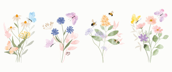 Set of botanical bouquet vector element. Collection of bee, butterfly, flowers, wildflowers, wild grass. Watercolor floral illustration design for logo, wedding, invitation, decor, print.