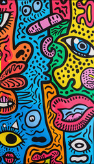 Psychedelic hand drawn doodle monsters background for prints, designs and coloring books. Vector illustration
