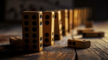 A line of dominoes toppling over, creating a mesmerizing pattern, rule of thirds composition, sharp focus