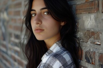 Fototapeta premium A young woman leaning against a brick wall. Suitable for various lifestyle and urban concepts