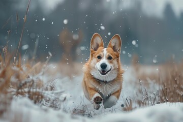 Obraz premium A dog running through the snow field, suitable for winter themes