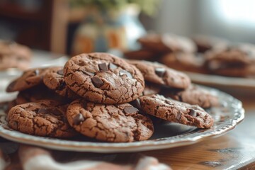 Obraz premium Closeup of delicious chocolate chip cookies stacked on a vintage plate