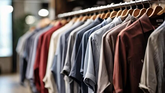 Men's clothes are hanging on a hanger in a clothing store	