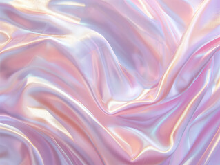 Fototapeta premium Holographic pearl fabric with waves and folds in pink, lilac, and white. Abstract, iridescent background with a glossy, three-dimensional effect, showcasing a colorful, surreal design.