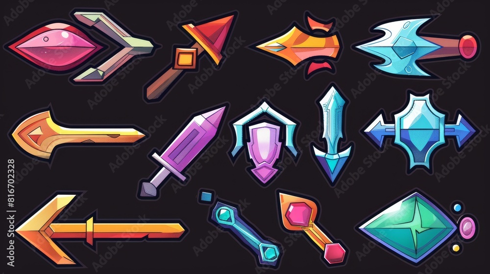 Poster an icon set of video game cursors and pointers, click arrows graphic design elements for navigating 