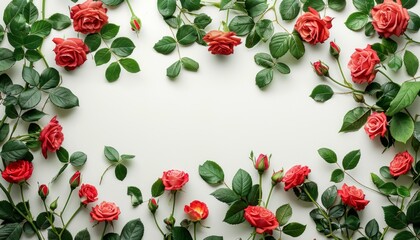 Rose flowers and green leaves on a white background. Springtime composition with copyspace