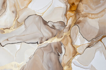 A beautiful abstract artwork with fluid shapes in beige, white and gold in style of alcohol ink painting. The background with liquid forms, watercolor blur and detailed texture.
