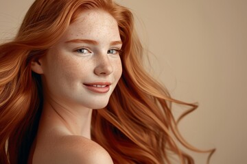 Naklejka premium Vivid red haired girl portrait on soft pastel background with ample space for text placement