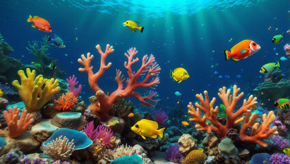 This image shows a colorful coral reef with many different types of fish swimming around.

