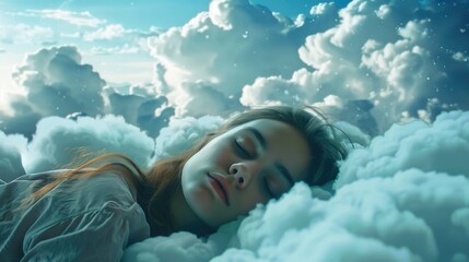 A woman peacefully sleeping in the clouds, suitable for dreamy concepts