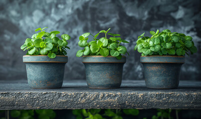 Plants in Pots on Gray Shelf