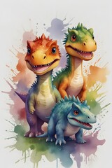 Colorful cartoon dinosaurs in watercolor style