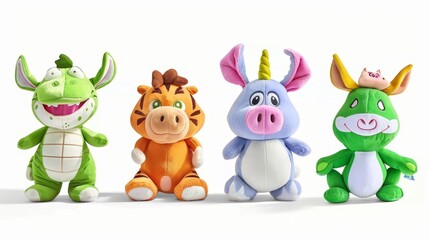 Cartoon illustration with stuffed toys, cute animals with kawai eyes, isolated Cartoon modern illustration of frog, horse, tiger with bunny and pig.