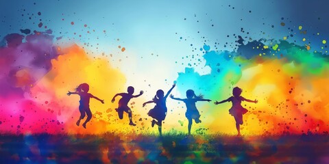 Obraz premium happy abstract children silhouettes dancing together