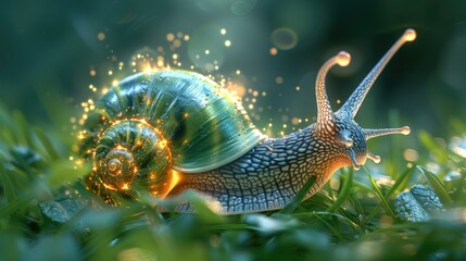 A snail with a shiny shell is crawling through the grass. The snail is surrounded by a magical aura. - Powered by Adobe