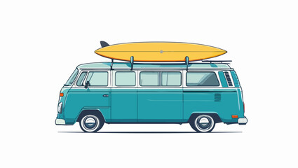 Hippie Beach Vibes: Vintage Van Carrying Surfboard Vector