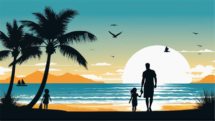 Colorful Beach Sunset: Summer Silhouette Vector